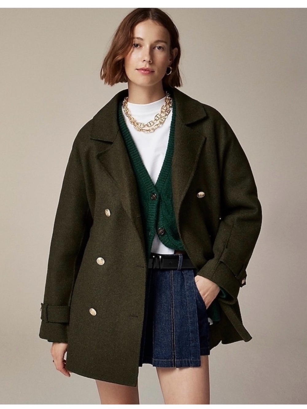 J. Crew Dark Olive Double-Breasted Trench Coat in Double Faced Wool